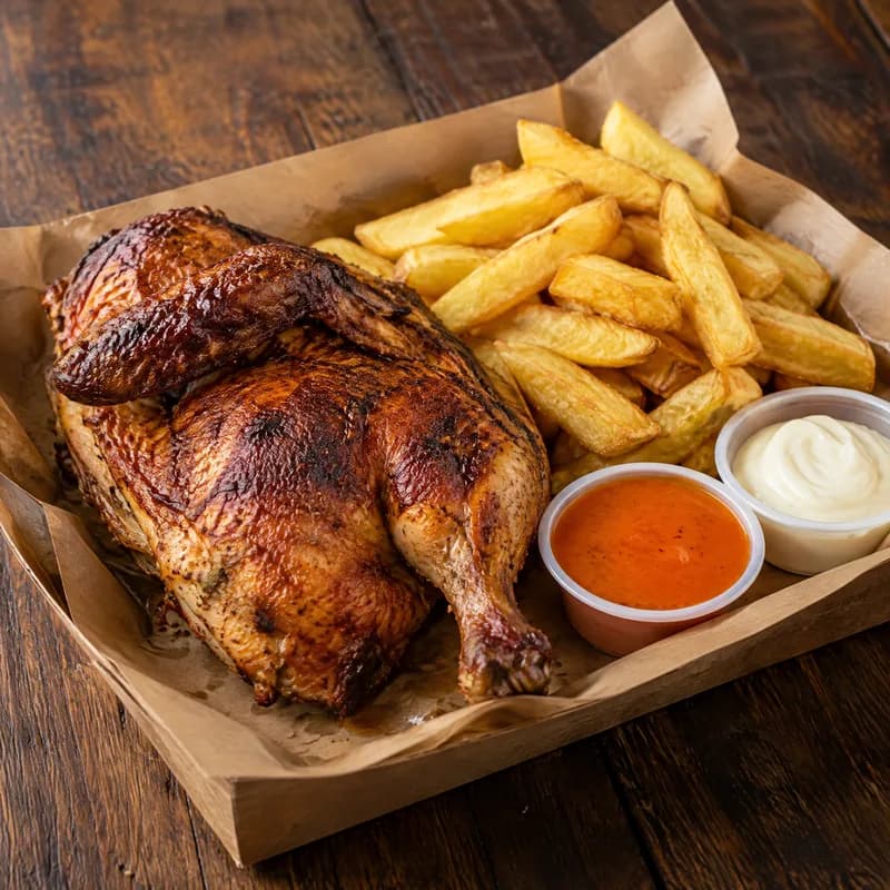 Medio pollo al cilindro + Patatas 250 g + 2 Salsas de Autor