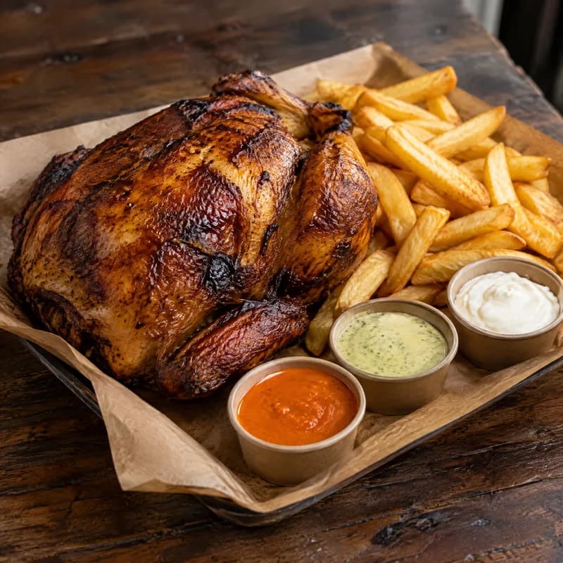 Pollo entero + Patatas 500 g + 3 Salsas de Autor